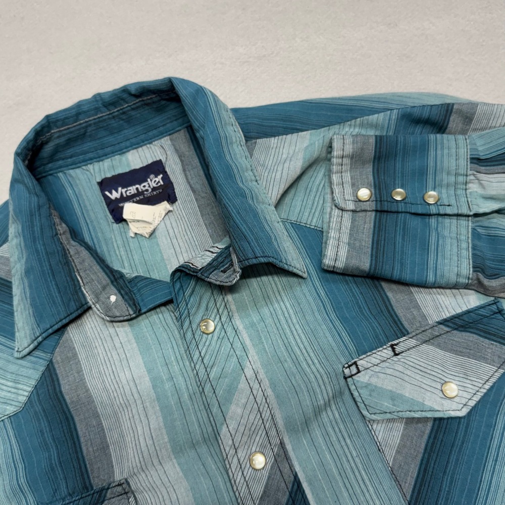 Wrangler Western Shirt XXL Teal Blue Ombre Striped Pearl Snap Mens Vintage